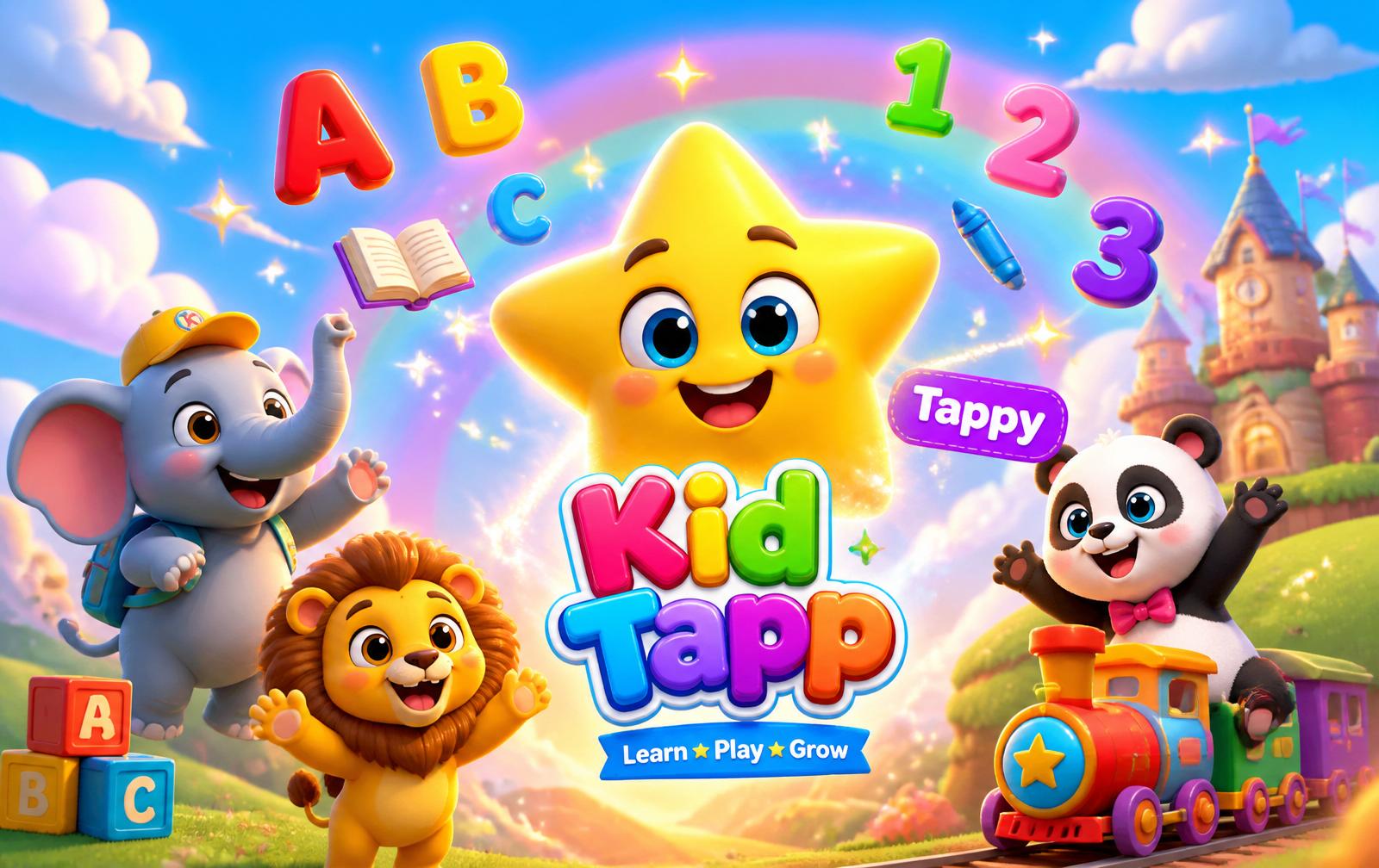 Tappy the star mascot with alphabet letters, numbers and cartoon animals in a magical rainbow world